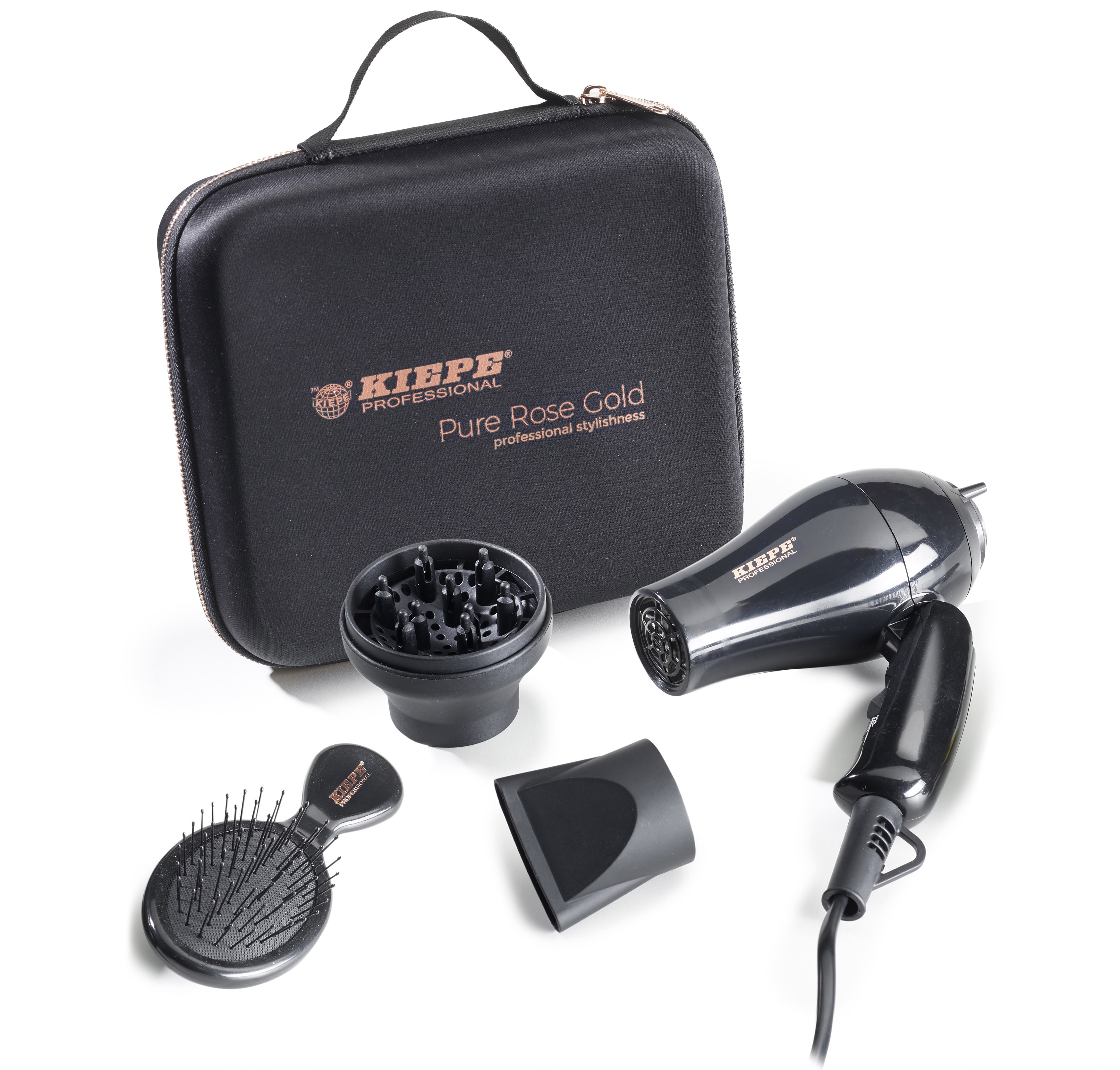 Kiepe Travel Kit Set Pure Rose Gold 8330 - mini fén na vlasy s příslušenstvím a kartáčem na vlasy, cestovní balení.