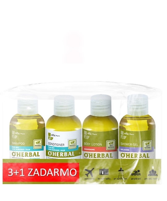 ​(EXP: 11/2021) O'Herbal cestovný balíček 3+1 - šampón 75 ml, kondicionér 75 ml, 2x sprchový gél, 75 ml