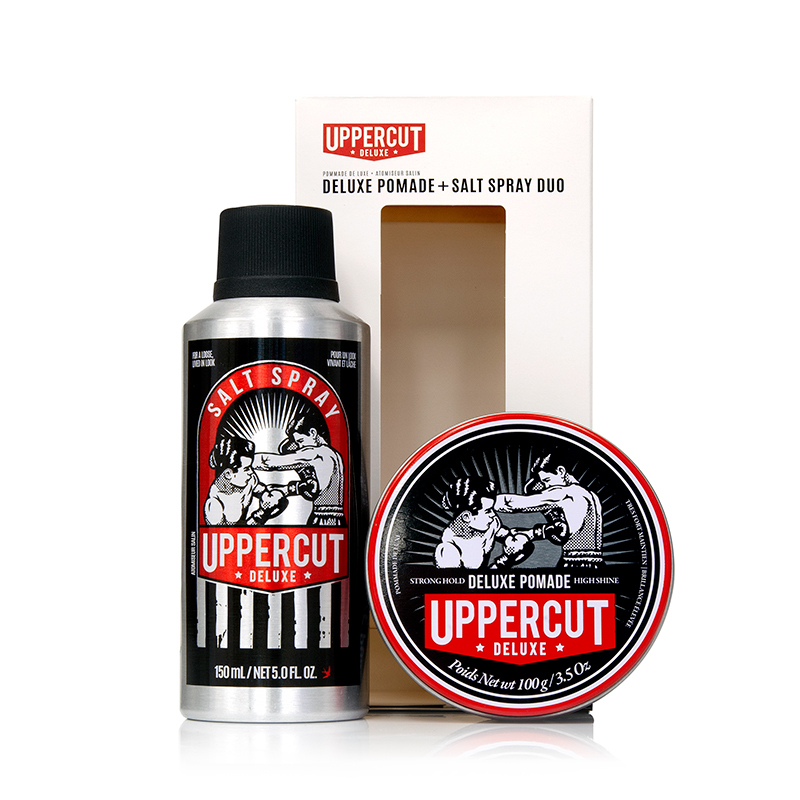 SADA: Uppercut Deluxe Deluxe Pomade - lesklá pomáda so silným držaním, 100g & Salt Spray - slaný sprej, 150 ml
