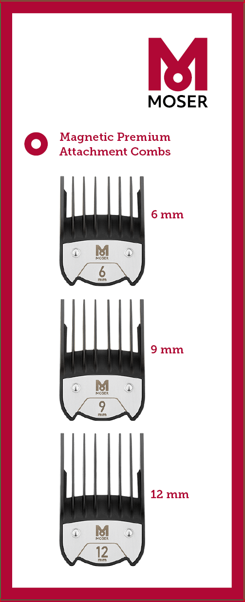 Moser 1801-7020 Magnetic Premium Attachment Combs - náhradné magnetické nadstavce: 6, 9, 12 mm (3ks)