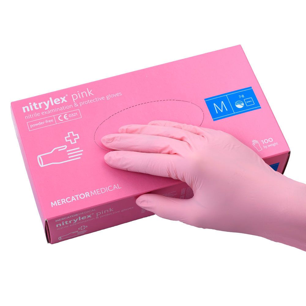 Mercator Medical Nitrylex PINK Nitrile Examination & Protective Gloves - jednorázové nitrilové rukavice bezpudrové růžové, 100 ks