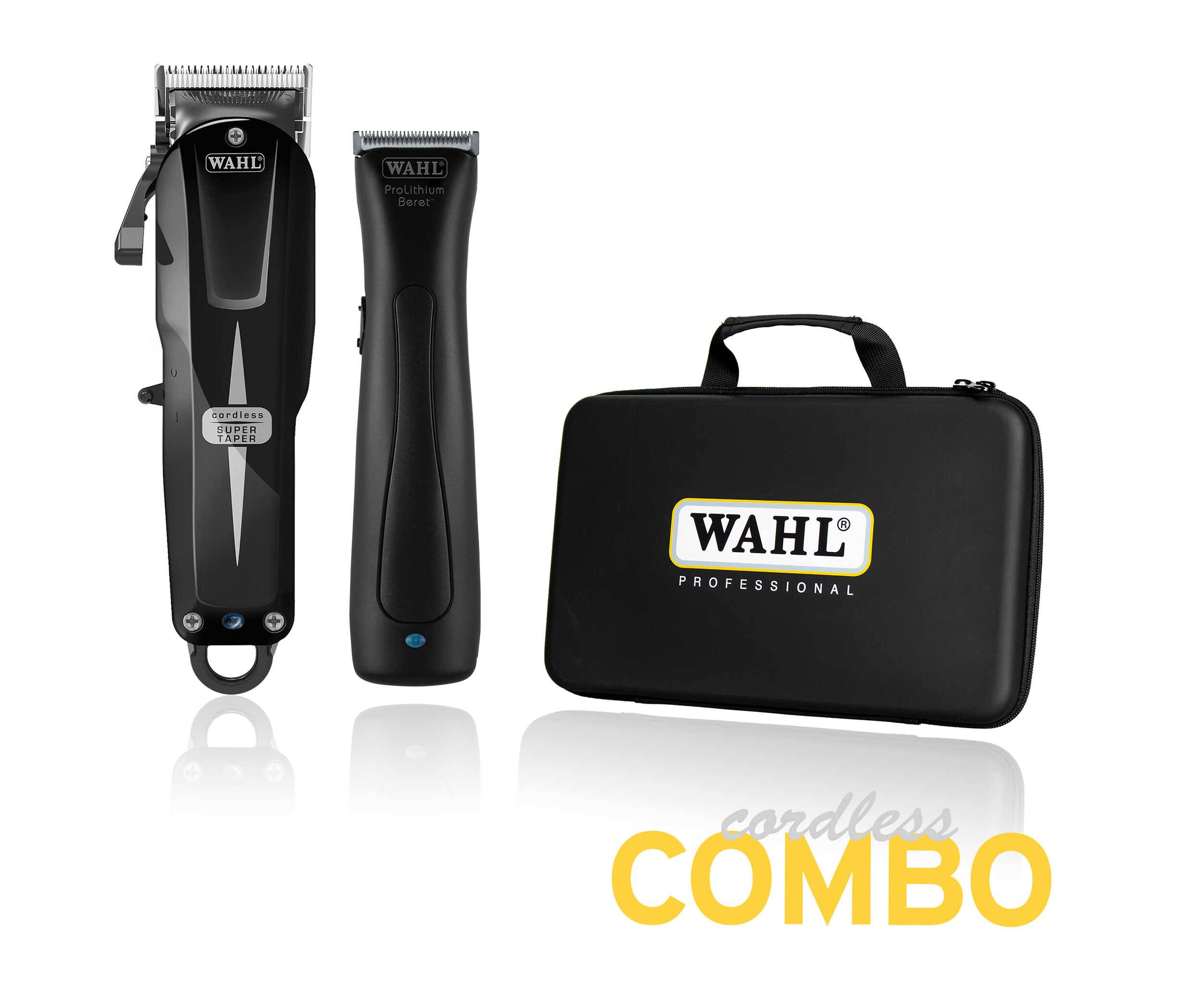 Wahl Combo Cordless (08592-107H) - Super Taper Cordless Black 08591 a Beret Stealth 8841 - prof. set strojků na akumulátor v tašce + minerální olej M22, 200 ml