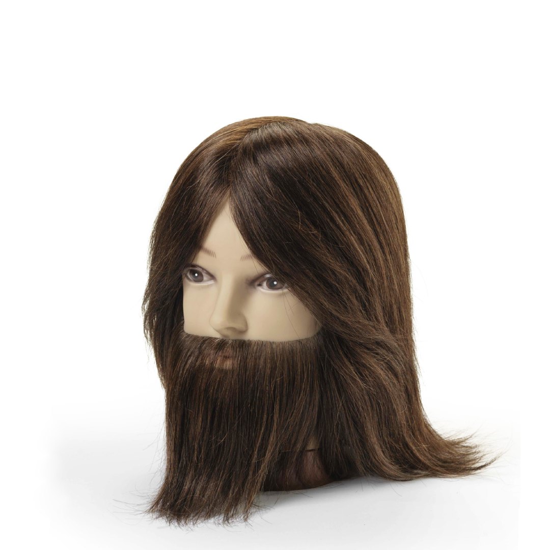 ​BraveHead 9856 Male w. beard dark brown - mužská cvičná hlava s bradou, 100% lidské vlasy