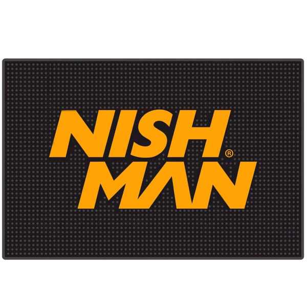 Nishman Barber Mat Yellow'n'Black - čierna podložka s žltým logom, 29,5 x 45 cm