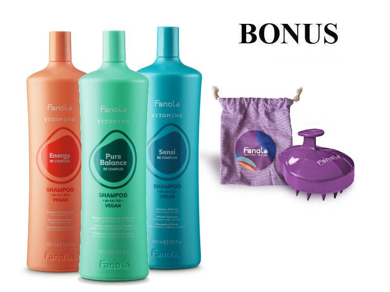 AKCE: Fanola Vitamins Energy Shampoo, 1L Pure Balance Shampoo, 1L a Sensitive Shampoo, 1L - šampon na vlasy proti padání, na citlivou pokožku, proti lupům + Scrubber Fanola