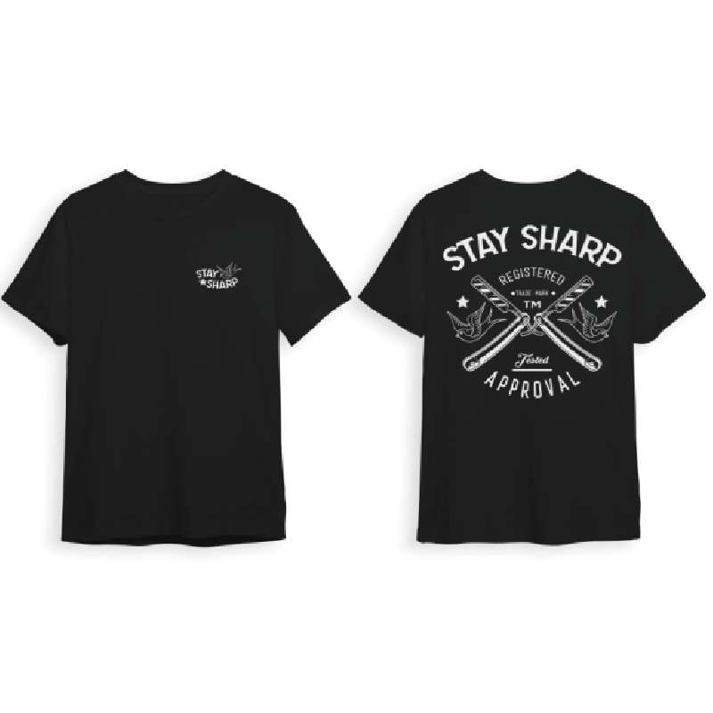Marmara Barber T-Shirt Stay Sharp Black - černé barber tričko s vzorem BŘITVA a LASTOVIČKA