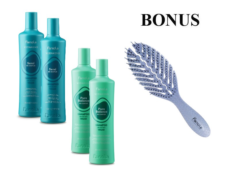 AKCE: Fanola Vitamins Pure Balance & Sensi Shampoo - šampon na citlivou pokožku, 2x 350 ml a šamponu proti lupům, 2x 350 ml + kartáč na vlasy FANOLA