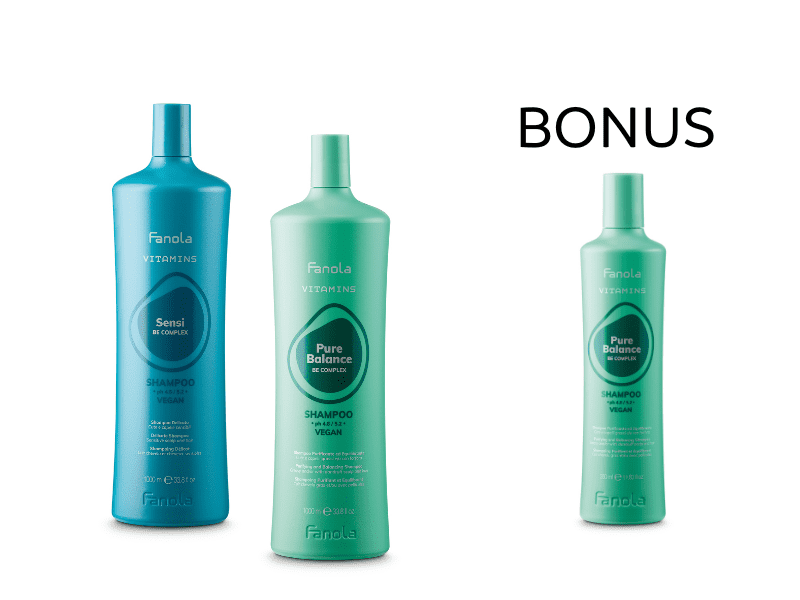 AKCE: Fanola Vitamins Pure Balance & Sensi Shampoo - šampon na citlivou pokožku, 1000 ml a šamponu proti lupům/mastné vlasy, 1000 ml + Pure Balance šampon, 350 ml