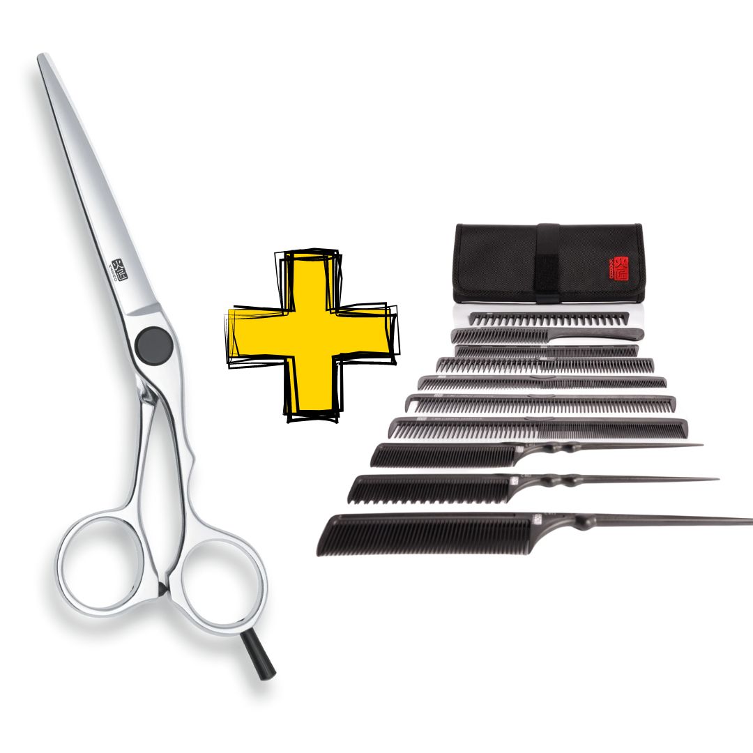 AKCE: Kasho KXP OS OFFSET Scissors - profesionální kadeřnické nůžky, OFFSET + CC-Roll Set hřebenů
