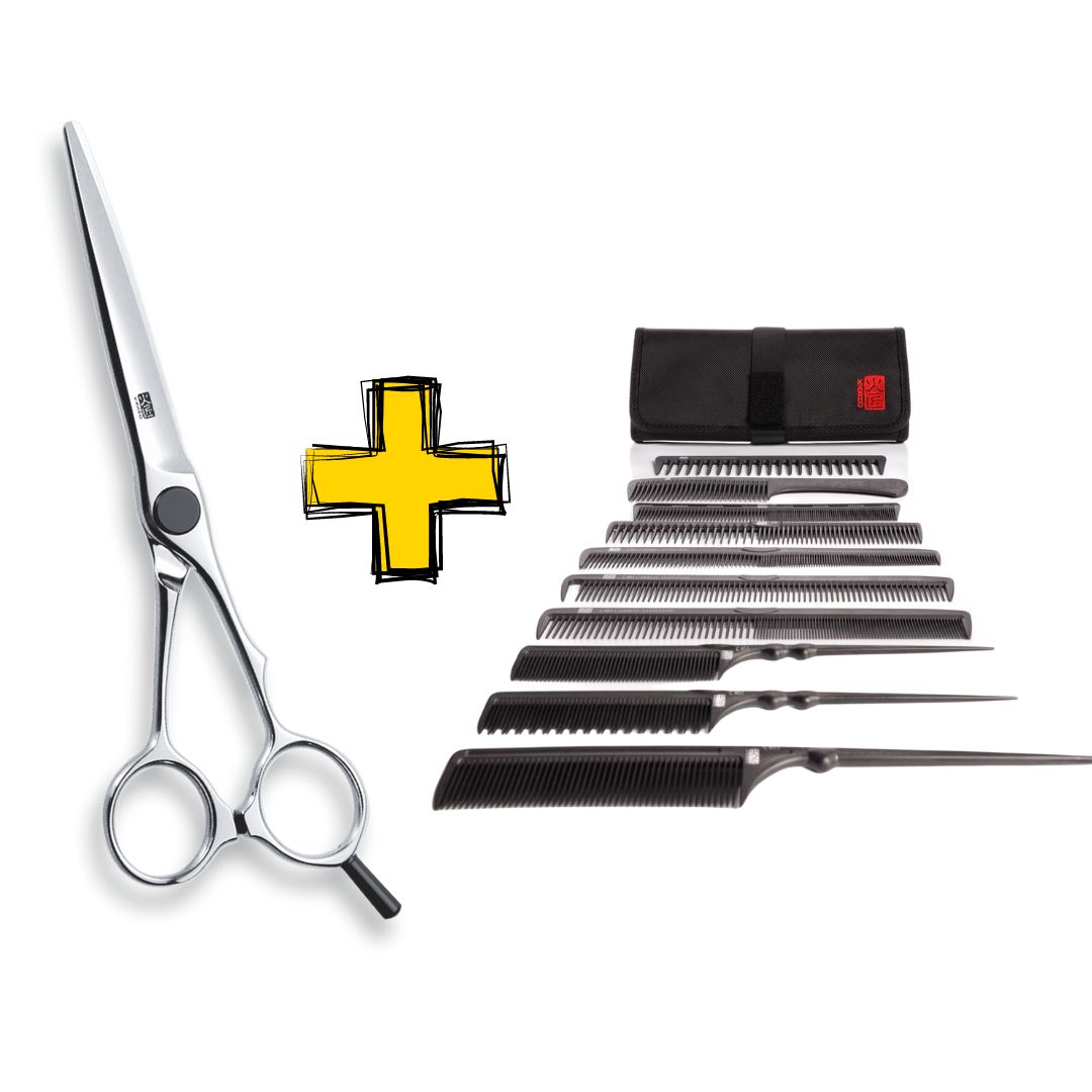 AKCIA: Kasho KXP SS Semi-Straight Scissors - profesionálne kadernícke nožnice, SEMI-STRAIGHT + CC-ROLL Set hrebeňov